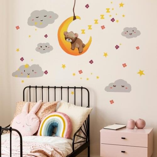 Aesthetic Clouds Moon Bear Wall Decals Cartoon Wall Stickers Nursery Decoration Wallpaper Kids Room Decor Self-adhesive Mural