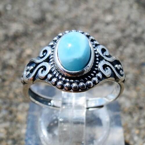 925 Sterling Silver Natural Gemstones Larimar Ring for Women Geometry Design Classic Antique Female Jewelry
