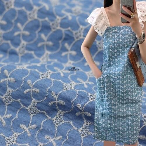 Summer Jeans Fabric With Embroidery DIY Sewing Dress Pants Doll Clothes Light Weight After Washed Denim Tissus Telas 50X150cm