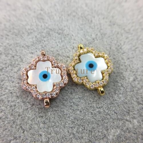 Lucky Micro Pave Clear Zircon Leaf Clover Evil Eye Connector Copper Electroplated Charms For Jewelry Making 14x19mm PC5248