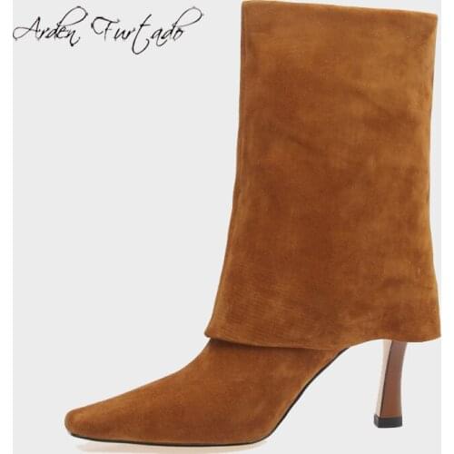 Arden Furtado 2021 Fashion Womens Shoes Pointed Toe Stilettos Heels Elegant Boots Slip-on Genuine Leather Brown Short Boots