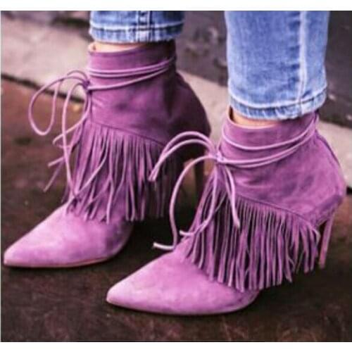Real pictures fashion lavender tassel spring autumn women ankle boots size 34 - 42 lace-up high heel suede booties free shipping
