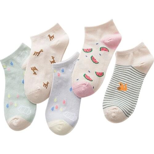 5pairs Women Ankle Socks Cute Animals Fruits Striped Fun Funny Simple Girls Socks Summer Autumn Comfort Cotton Women Sock Meias