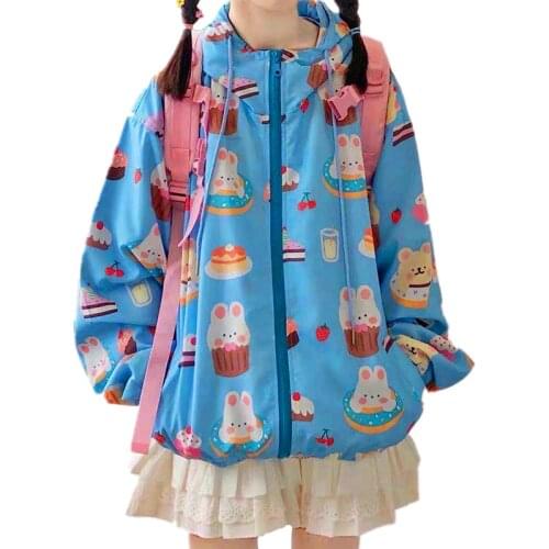 Autumn Women Hooded Sweatshirt Zip-up Cartoon Rabbit Bear Cupcake Printed Pocket Long Sleeve Hoodies School Girls Kawaii Top