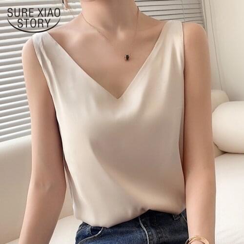 Sexy Sleeveless Solid Silk Blouse 2021 Summer Spring Casual V-neck Thin Satin Vest Tops Womens Blouse Female Blusas Mujer 13711