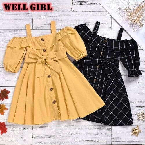 Kids dresses for girls toddler princess dress up A line vestidos open shoulder buttons cotton belt tie backless 2 to 8 yrs