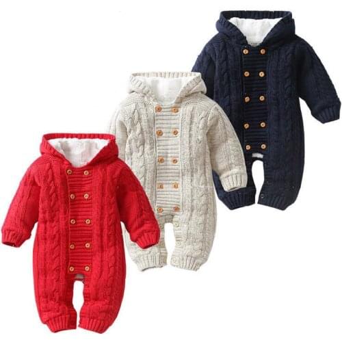 Thick Warm Infant Newborn Baby Boy Girl Knitted Sweater Jumpsuit Hooded Kid Toddler Outerwear Baby Rompers Winter Clothes