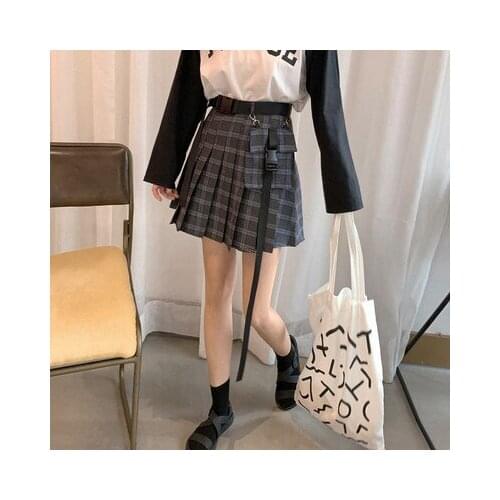Ruibbit Women Harajuku Gothic Black Gry Sexy Plaid Pleated Skirt Punk Style High Waist Short Mini Skirts With Belt Chain 4XL