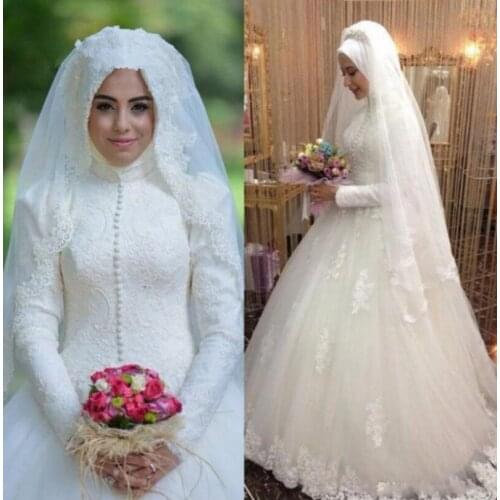 Long Sleeves Saudi Arabia Turkey Wedding Dresses Malaysia High Collar Ball Gown Middle East Bride Modern Muslim Wedding Dress