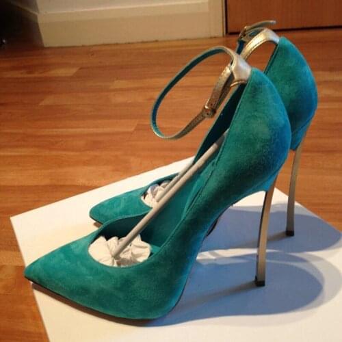 Peacock Green Blue Suede Leather Blade Heels Pumps Woman Sexy Ankle Strap Pointed Toe Slip On Wedding Boutique Party High Heel