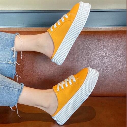 2021 Summer New Platform Flats Sneakers Women Canvas Casual Shoes Female Breathable Lace Up Open Heel Backless Loafers Slippers