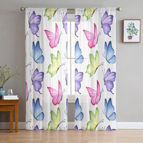 Butterfly Color Watercolor Window Tulle Curtains for Living Room Bedroom Hotel Luxury Decoration Sheer Curtains