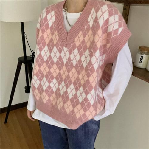 Korean Sleeveless Knitted Sweater Vintage Vest Oversized Waistcoat Top Pullovers Women Jumper Winter Waistcoats 2021