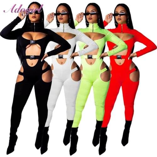 Fitness Neon Color Stand Collar Full Sleeve Zip Bandage Sporty Jumpsuit Women Sexy Hollow Out Party Club Outfit Rompers Overalls