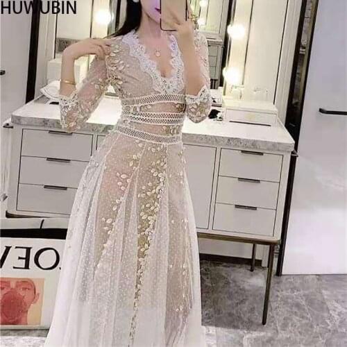 Spring And Summer New Womens V-Neck Lace Chic Small Fresh Fashion Heavy Industry Embroidery Mesh Long Skirt Holiday Dress