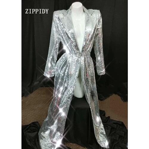 2019 Fashion Women Sequins Coat female singer DJ stage show Silver Jacket cloak strap ds Performance costume