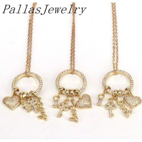 5Pcs, CZ Micro Pave Key Heart Shape Clear CZ Charm,Gold Plated CZ Pedant Charm Necklace