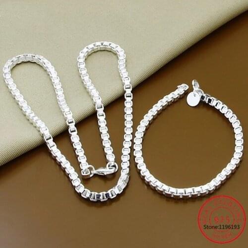 925 Sterling Silver 6mm Round Box Chain Bracelet Necklace Sets For Women Wedding Engagement Party Jewelry