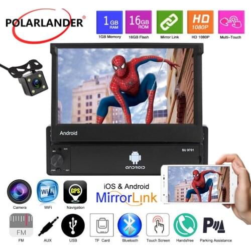 Car Radio MP5 HD Mirror Link GPS 7” WIFI Bluetooth 1din FM Retractable Screen Folded Touch Screen USB Rear View Camera