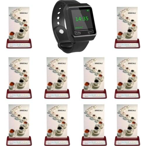 SINGCALL Wireless Restaurant Calling System, Beeper Pager,1 Mobile Watch Receiver Plus 10 Red Table Pagers