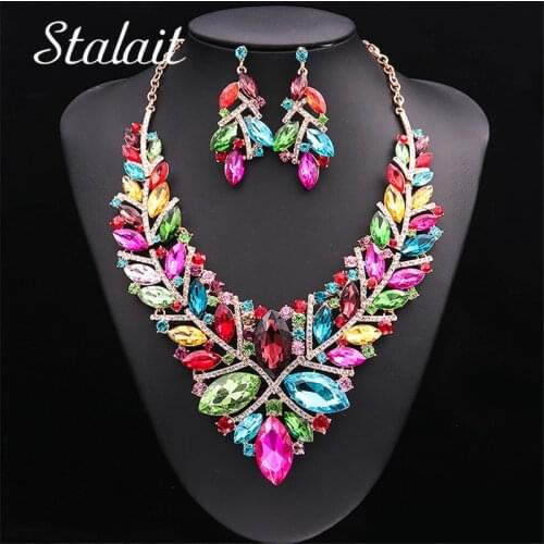 Luxury Branch Crystal Bridal Wedding Jewelry Sets For Women Gold Color Choker Necklace Earrings Set Bridal Party Jewelry