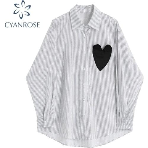 Fashion Elegant Blouse Women Plus Size BF Striped Cardigan Love Pattern Design Shirt Ladies Vintage Oversized Blusas Tops Female