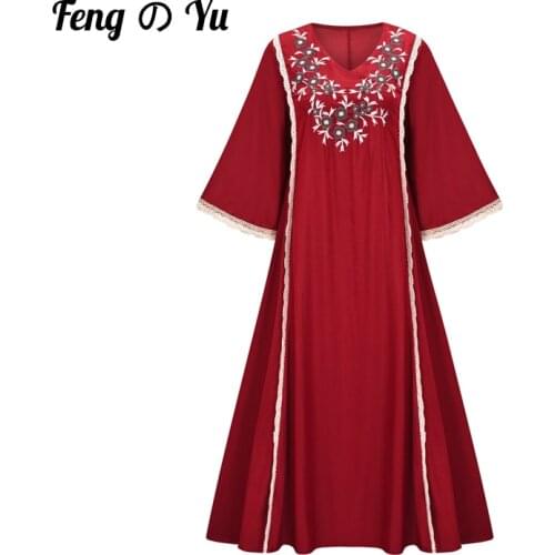 Eid Mubarak Fashion Muslim Ladies Embroidered Dress Burgundy V-neck Party Morocco Dubai Lace Edge Long Sleeve Plus Size Robe
