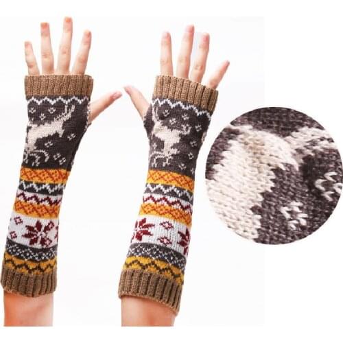 Fashion Women Arm Warmers Deer/Snowflake Winter Fingerless Gloves Knitted Mittens 32cm Long Gloves Guantes Casual Female Gloves