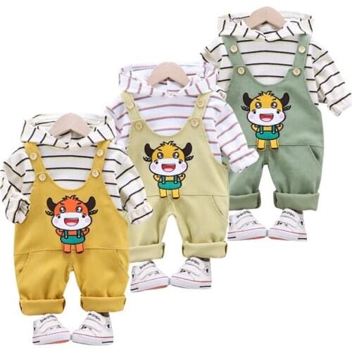 Fashion Toddler Children Sut 2PCS Hooded Long Sleeve Striped Top + Jumosuit Overalls Set Girl Boy Cartoon Casual Clothing Outfit