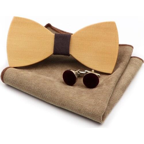 Fashion New Wooden Bowtie Handkerchief Cufflinks Set Handmade Mens Solid Wood Bow Tie Round Cuff Link Super Soft Pocket Square