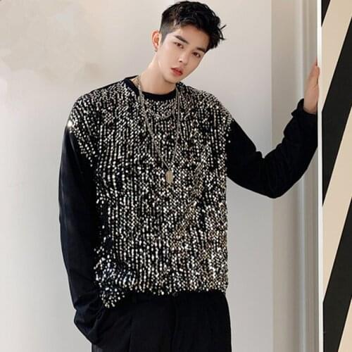 Men Reflective Sequins Long Sleeve Tees Shirt Black White Loose Casual Tops Hip Hop DJ Male Singer Nightclub Stage T-shirts