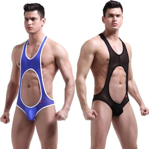 Mens sexy underwear double T-shirt suspenders one-piece back empty mesh sexy U convex pouch hip-lifting sexy quick-drying