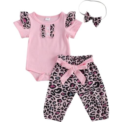 New Summer Baby Girls Clothes Leopard Sets Ruffle Romper and Leopard Print Pants with Bowknot 0-12M