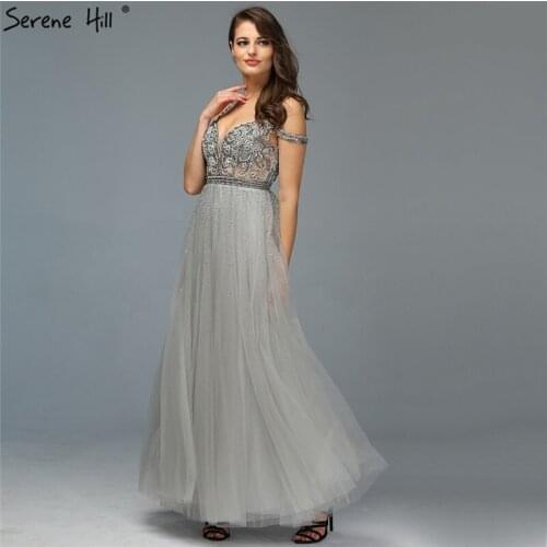 Off Shouler A-Line Grey Beading Sleeveless Sexy Tulle Evening Dressese Design Formal Dress Serene Hill 2020 LA70145