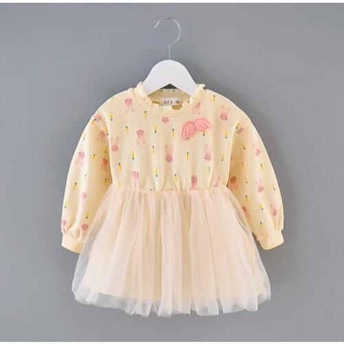 Girls Dresses Kids Long Sleeve Fall Clothes Cartoon Printed Wings Appliques Mesh Splicing Princess Party Dress Children Outfits