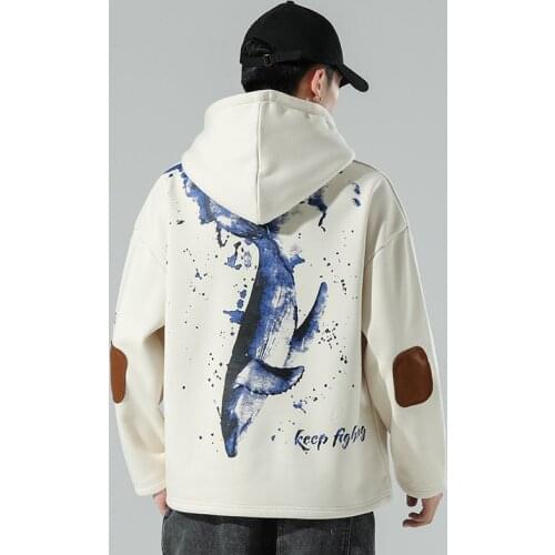 Japan Style Casual Spring Autumn Shark print Hoodie Sweatshirt Oversized MenS Thick Fleece Hip Hop High Streetwear Clothes