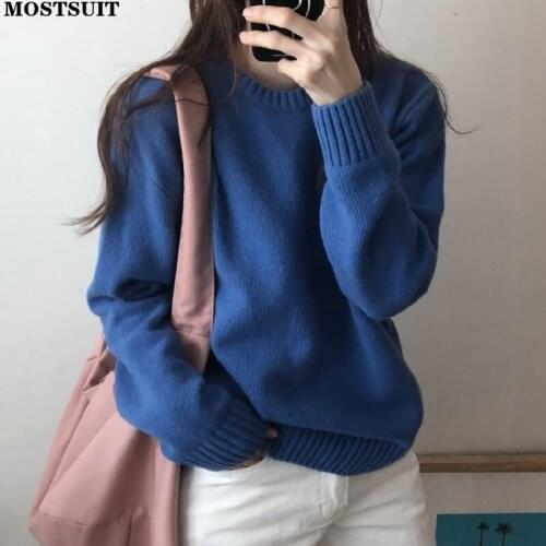 Casual Solid Knitted Pullover Sweater Women Full Sleeve O-neck Basic All Match Jumpers Tops Loose Soft Warm Ladies Knitwear 2021