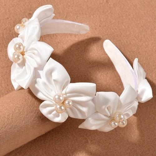 Fashion Satin Flower Wedding Headbands Bridal Hairband Tiara Pearls Headpiece Women Party Prom Accessories Hair Jewelry diadema