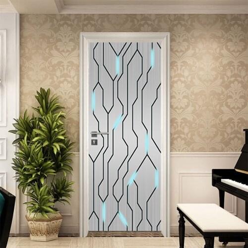 PVC Door Sticker Modern 3D Abstract High Tech Blue Wallpaper Self-Adhesive Living Room Art Door Poster Home Design Mural Sticker