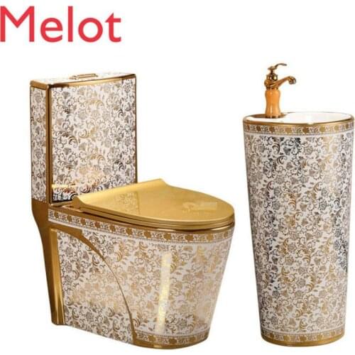 Luxury chinese bathroom wc flower design ceramic golden color pedestal basin gold toilet