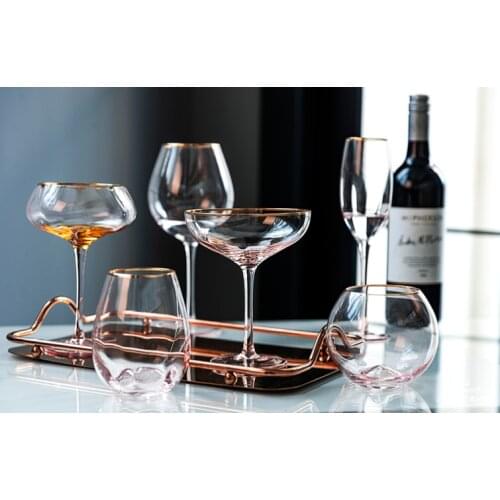 Pink Lateral Ribbed Champagne Red Wine Ice Cream Crystal Glass Cup Goblet Tumbler Set with Gold Rim Cocktai for Bar