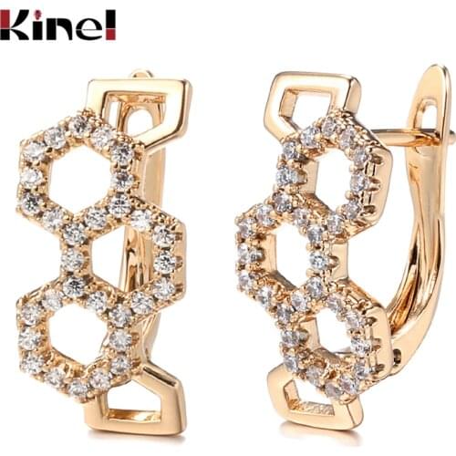 Kinel Luxury Women 585 Rose Gold Stud Earrings Micro-wax Inlay Natural Zircon Geometry Earrings Bride Wedding Fine Jewelry