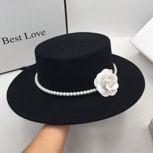 Fedora New winter wool Flat hat female British socialite restoring ancient ways of French fashion elegant flowers