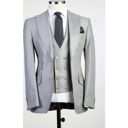 Tailored Smoking Grey Men Suit Slim Fit 3 Piece Peaked Lapel Tuxedo Groom Wedding Suits Jacket Prom Blazer Terno Masculino