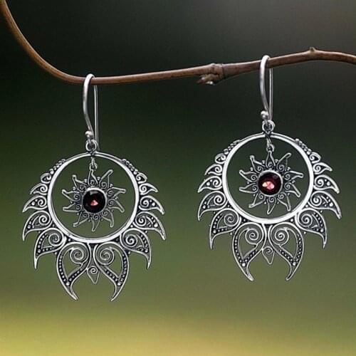 Vintage Plant Sunflower Dangle Earrings Ethnic Jewelry Hollow Circle Metal Spiral Rhinestone Hanging Earrings Z3M550