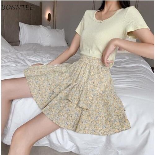 Skirts Women Mini Summer Sweet High Waist Floral Yellow Ruffles Girl Elegant College Female Leisure Comfort Stylish New A-Line