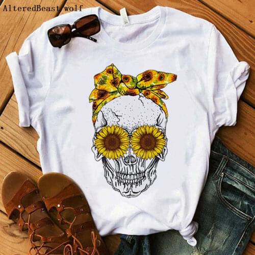 Funny Skull Punk T Shirt Women Fashion Casual Short Sleeve Sunflowers Tshirts Female Bandana Harajuku Tops Clothes 2020