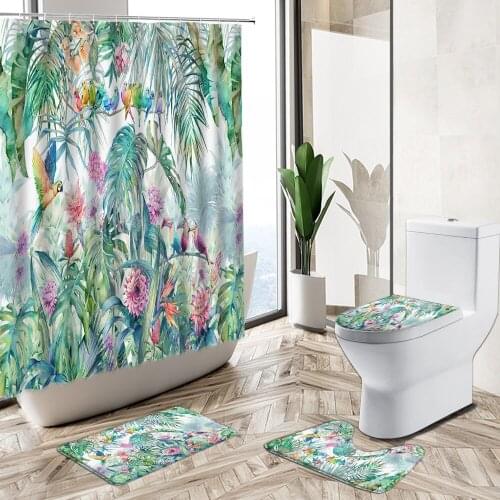 Tropical Jungle Scenery Shower Curtain Plant Flower Parrot Bird Lion Leopard Animal Bathroom Decor Rug Toilet Cover Bath Mat Set