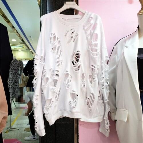 Hollow-out Ripped Holes Hoodie for Women 2021 Early Autumn New Street Loose Drop Shoulder Round Neck Pullovers Sweatshirts