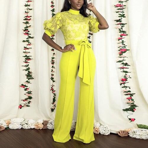 Yellow Jumpsuits for Womens Embroidery Transparent High Waisted Fashion Elegant Evening Night Party Rompers & Jumpsuits 2021 New